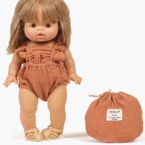 Barboteuse rétro Lou en gaze de coton marsala avec pochon