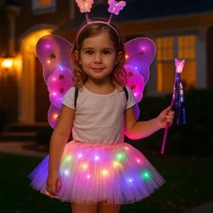 Déguisement Papillon Féérique Enfant - Ailes, Jupe, Antennes et Baguette Lumineuse